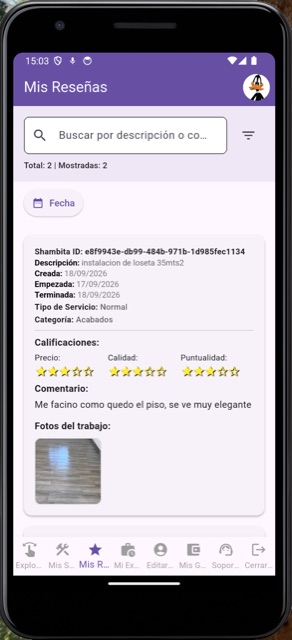 Pantalla de Mis Reseñas donde el Shambero consulta sus calificaciones recibidas