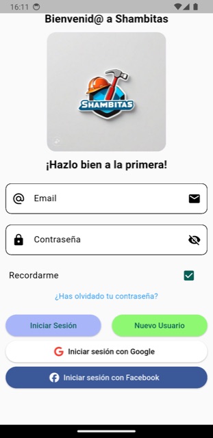 Pantalla de inicio de sesión de la app Shambitas