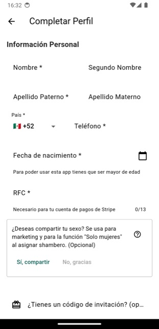 Pantalla para completar tu perfil en la app Shambitas