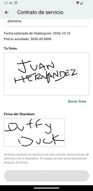 Pantalla de contrato de servicio firmado por cliente y Shambero