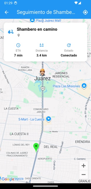 Pantalla de seguimiento en tiempo real del Shambero en el mapa