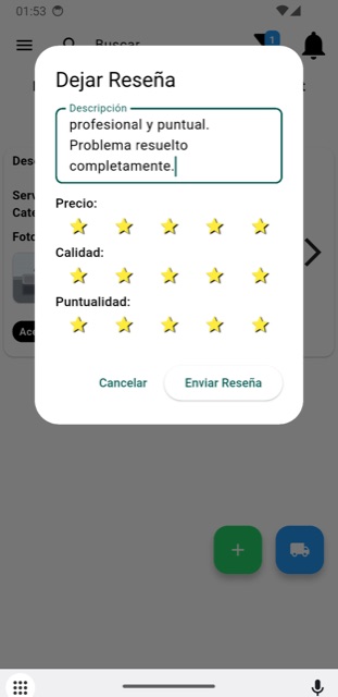Pantalla para dejar una reseña y calificación de la shambita