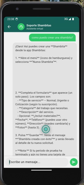 Asistente de Soporte Shambitas respondiendo cómo crear una Shambita